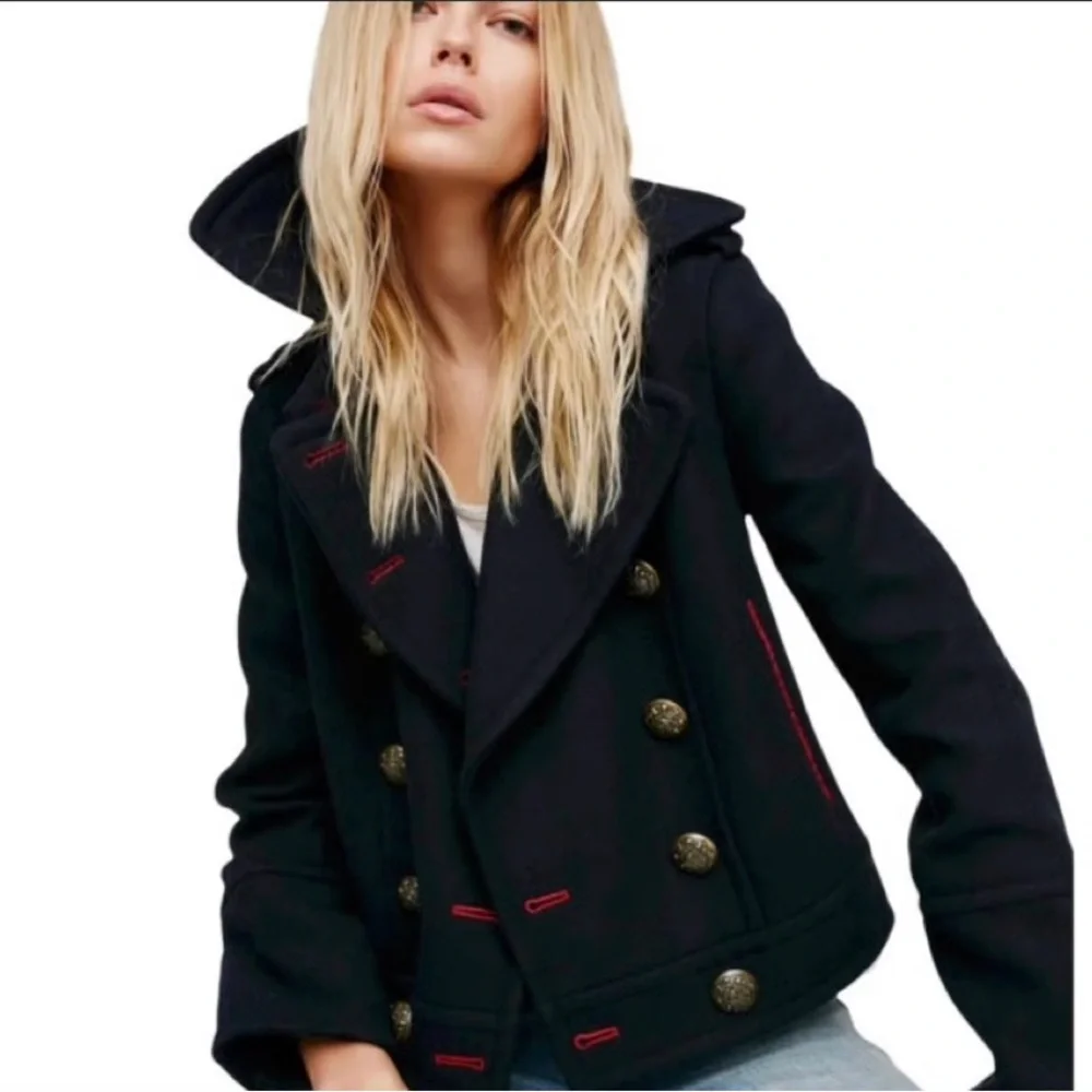 Free People Black Wool military PEACOAT size M Red textile accents, fully lined - Picture 2 of 16